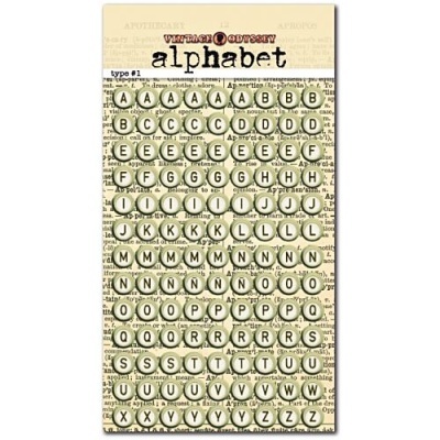 Botões redondos com letras do alfabeto em embalagem de cartolina