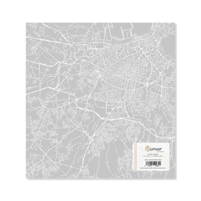 Mapa cinzento com linhas brancas e etiqueta com texto e código de barras