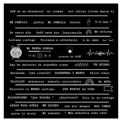 Fundo preto com frases em espanhol em texto branco e pequenos ícones ao lado das frases.