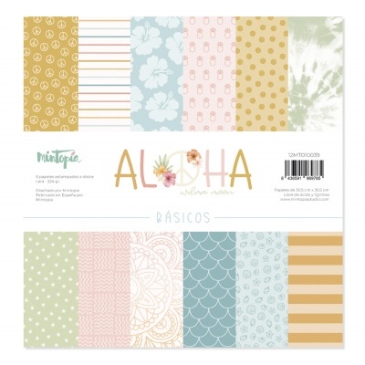 Papel decorativo ALOHA BÁSICOS com diversos padrões e cores pastel em bloco para scrapbook