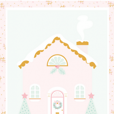 Ilustração de casa de Natal em cores pastel com dois pinheiros decorados e texto de marca na parte superior