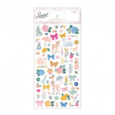 Folha de autocolantes decorativos com vários desenhos coloridos e embalagem com texto Parasol e 71 STICKERS