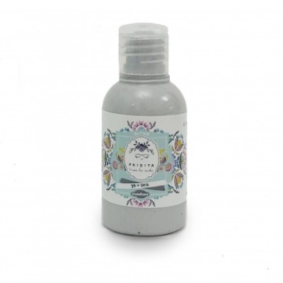 Frasco de tinta cinza com tampa transparente e etiqueta floral