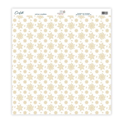 Papel decorativo branco com flocos de neve dourados repetidos e texto no topo