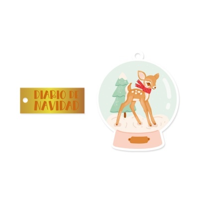 Adesivos decorativos para diário de Natal, um com texto e outro com rena em bola de neve