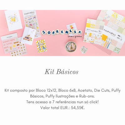 Kit básico de scrapbooking com vários blocos de papel, acetato e elementos decorativos sobre fundo rosa
