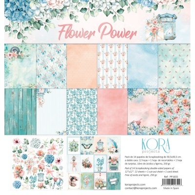 Pack de papéis de scrapbooking decorados com flores, bicicletas e borboletas em várias cores suaves