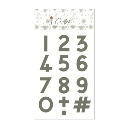 Adesivos numéricos e símbolos pretos em fundo branco, embalagem da marca Cocoloko.