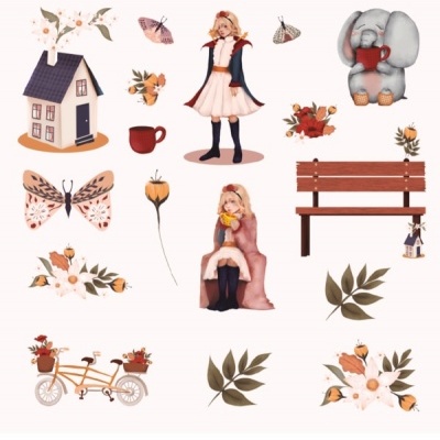 Ilustrações aquarela de meninas, casa, banco, elefante, bicicleta, flores, folhas e borboletas