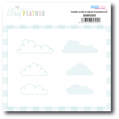 Pacote branco com moldes de nuvens em azul claro e texto de identificação