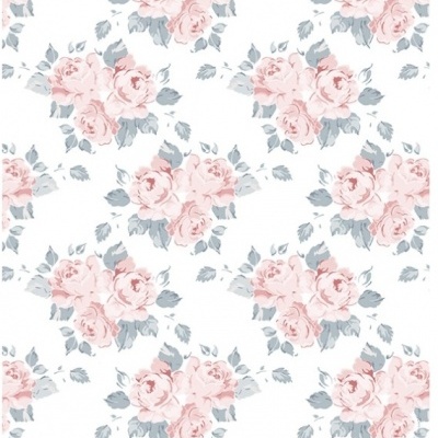 Padrão floral com rosas cor-de-rosa e folhas cinza num fundo branco