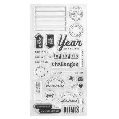 Conjunto de selos transparentes para scrapbooking com texto e ícones