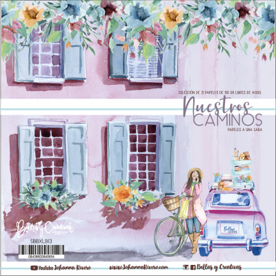 Papel decorativo com ilustração aquarelada de janelas, flores, mulher com bicicleta e carro antigo em tons pastéis.