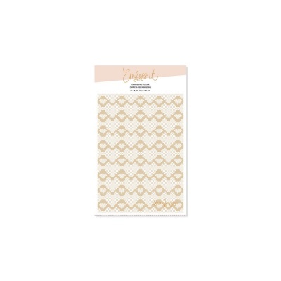 Embalagem de produto com padrão geométrico bege e branco e texto no topo