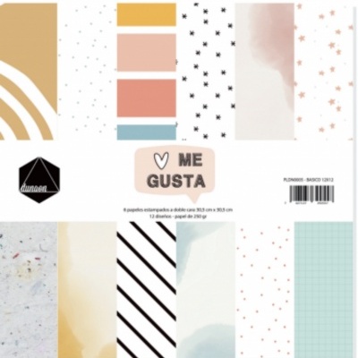 Papéis estampados com vários padrões e cores suaves, texto 'ME GUSTA' e código de barras