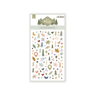 Folhas de adesivos decorativos com vários símbolos e cores em embalagem de cartão