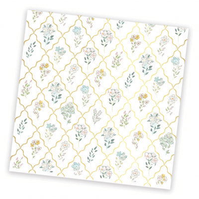 Papel decorativo com padrão floral colorido e contornos dourados sobre fundo branco