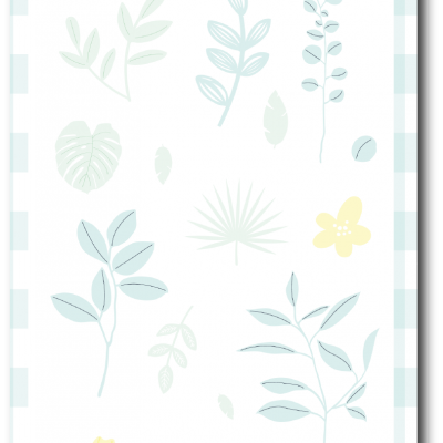 Ilustrações coloridas de folhas e flores em padrão pastel com texto e código no topo