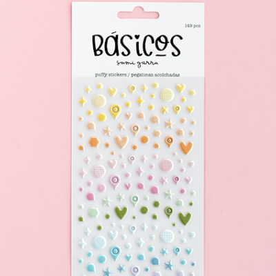 Pacote de autocolantes 3D coloridos em várias formas sobre fundo rosa