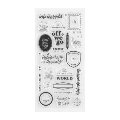 Folha de autocolantes pretos e brancos com temas de aventura e natureza, textos e desenhos pequenos