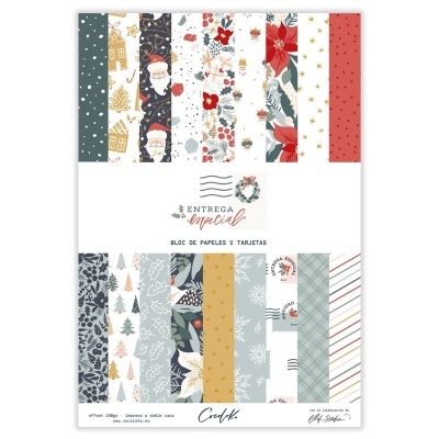 Bloco de papéis e tarjetas natalícias com vários padrões coloridos e texto na embalagem