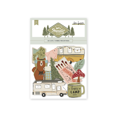 Formas recortadas de papel com tema de campismo em várias cores e desenhos
