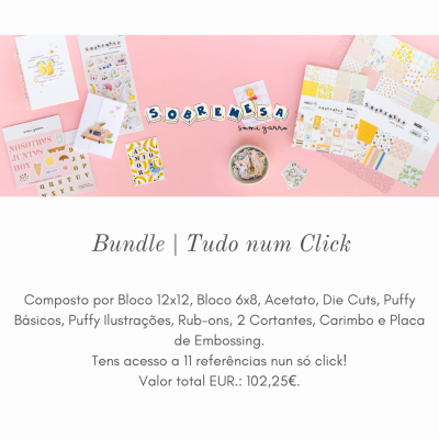 Kit de materiais para scrapbooking e papelaria com adesivos, papel decorado, puffy ilustrações e carimbos sobre fundo rosa.