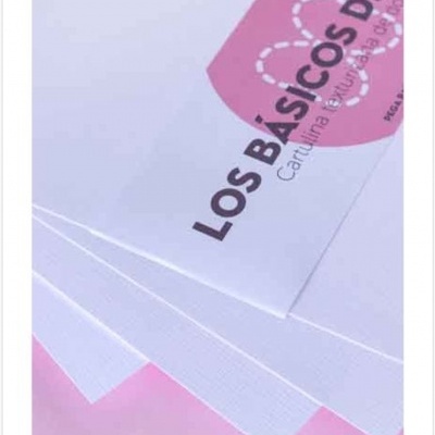 Folhas de papel branco com texto 'LOS BÁSICOS DE E' sobre superfície rosa