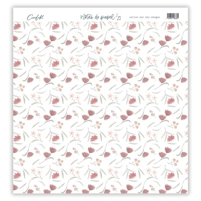 Folha decorativa com padrão floral rosa e vermelho e texto no topo.