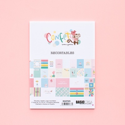 Bloco de recortáveis Confetti Basic Crea com folhas coloridas em fundo rosa