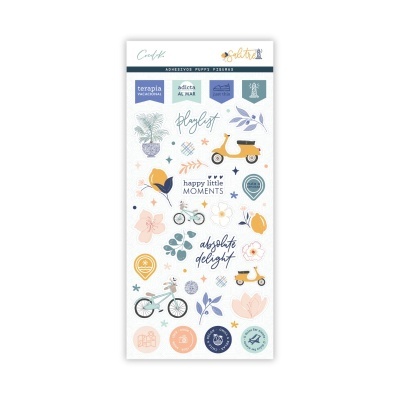 Pacote de autocolantes Happy Little Moments com desenhos coloridos e textos em inglês