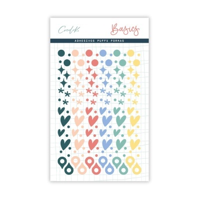 Adesivos autocolantes puff coloridos com várias formas sobre fundo branco quadriculado