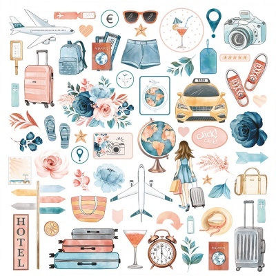 Elementos de viagem e férias ilustrados em cores suaves com bagagens, passaporte, avião e acessórios variados