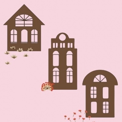 Padrão decorativo de casas castanhas sobre fundo rosa com pequenos detalhes de plantas e flores