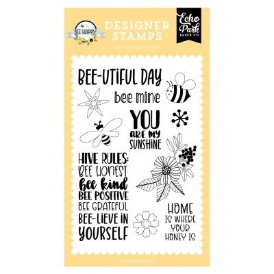 Conjunto de selos de borracha com design de abelhas e frases em inglês em fundo amarelo