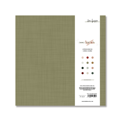 Tecido verde com amostras de cores e texto da marca