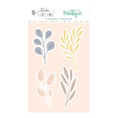 Pacote de quatro troqueles em forma de ramos coloridos com folhas sobre fundo rosa claro
