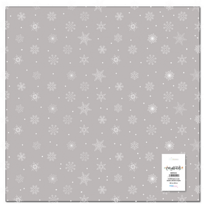 tecido cinza com flocos de neve brancos e etiqueta no canto inferior direito