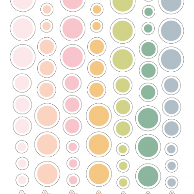 Círculos e estrelas coloridos em tons pastel organizados em colunas