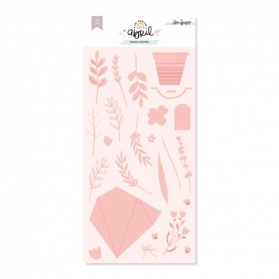 Folha de autocolantes rosa com desenhos de plantas e objetos