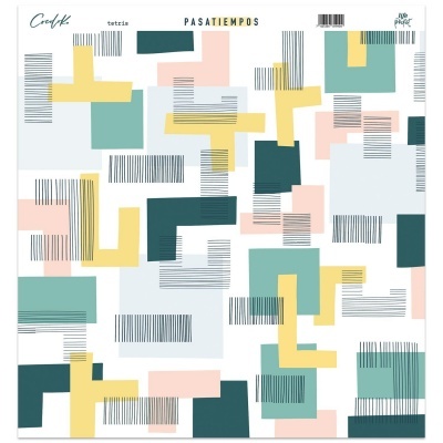Papel decorativo com padrão geométrico colorido e texto PASATIEMPOS