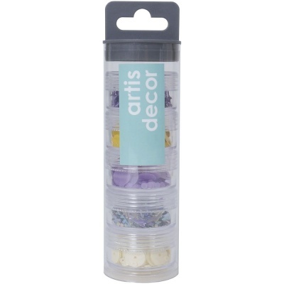 Caixas transparentes empilhadas com brilhantes coloridos artesanais