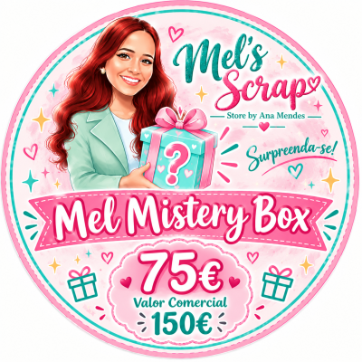 Etiqueta circular com ilustração de mulher ruiva segurando caixa misteriosa e texto promocional em tons rosa, azul e verde
