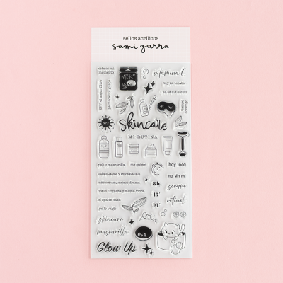 Conjunto de selos acrílicos transparentes com desenhos e texto sobre cuidados com a pele e um gato