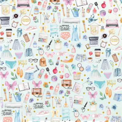 Padrão ilustrado com acessórios femininos e frases sobre fundo azul claro