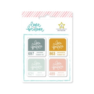 Conjunto de 4 almofadas de tinta Lora Bailora em embalagem branca com listra rosa