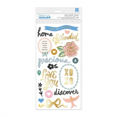 Folha de autocolantes decorativos com frases e desenhos coloridos e em relevo