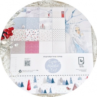 Folhas decorativas com padrões natalícios e figura feminina em fundo branco