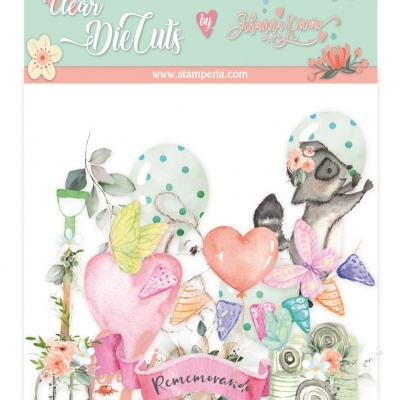 Recortes transparentes para artesanato com corações, balões, flores, coelho, cão, borboletas e câmara fotográfica