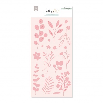 Conjunto de autocolantes rosa com formas de folhas e flores em embalagem branca